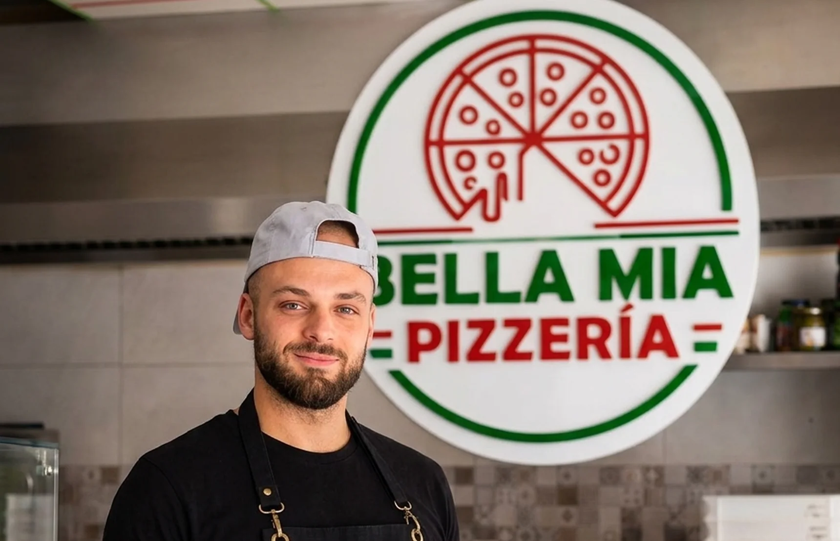 Daniel, dueño de Bella Mia, en la cocina delante del cartel de la pizzería